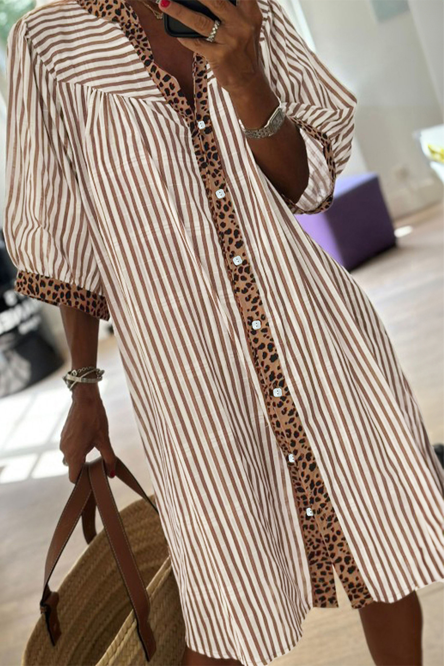 Chic Khaki Stripe Dress with Leopard Accents – Perfect for Daily Wear & Summer Outings - Detail View 5 Chic Khaki Stripe Dress with Leopard Accents – Perfect for Daily Wear & Summer Outings - Detail View 5