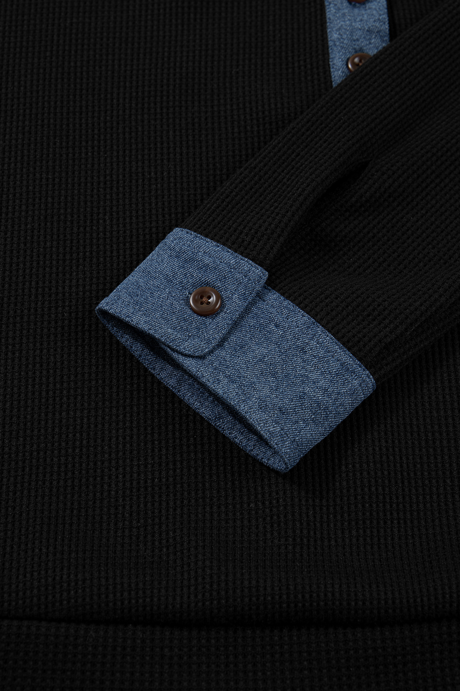 Men's Black Textured Knit Denim Patchwork Polo - Casual Long Sleeve Top for Everyday Wear - Detail View 7 Men's Black Textured Knit Denim Patchwork Polo - Casual Long Sleeve Top for Everyday Wear - Detail View 7