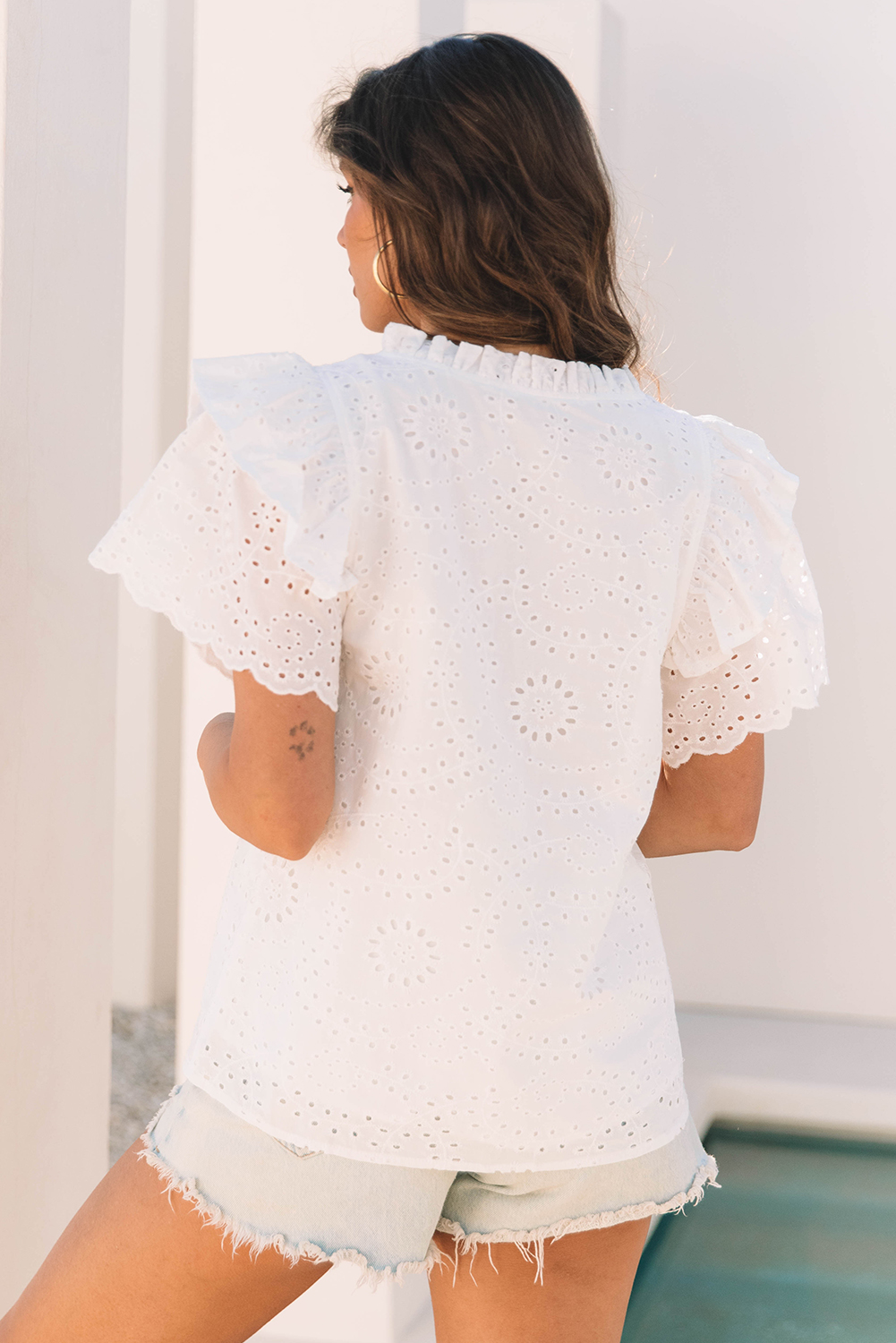 Chic V Neck Cotton Blouse with Frill Detail - Versatile Summer Style - Detail View 2 Chic V Neck Cotton Blouse with Frill Detail - Versatile Summer Style - Detail View 2