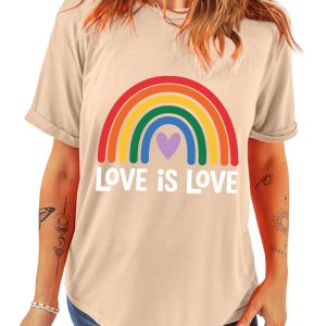 Women's Khaki Love is Love Rainbow Heart Printed Cotton Blend T-Shirt - Main View
