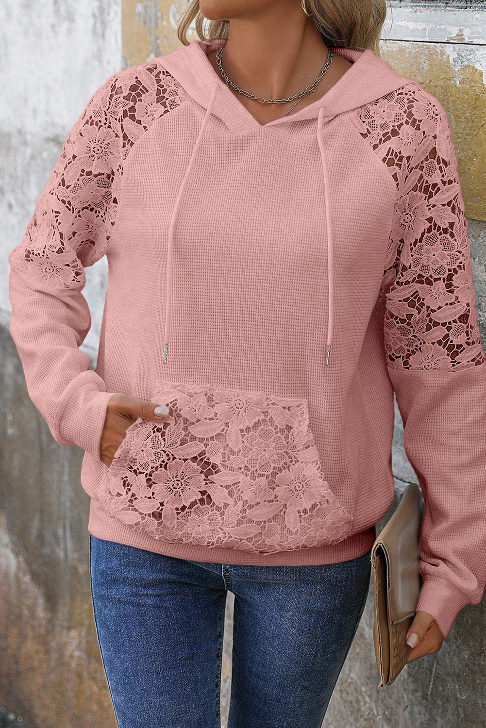 Women's Pink Lace Patchwork Waffle Hoodie – Casual Daily Wear - Detail View 7 Women's Pink Lace Patchwork Waffle Hoodie – Casual Daily Wear - Detail View 7