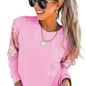 Women's Sequin Sleeve Pullover, Pink Round Neck Casual Top - Main View