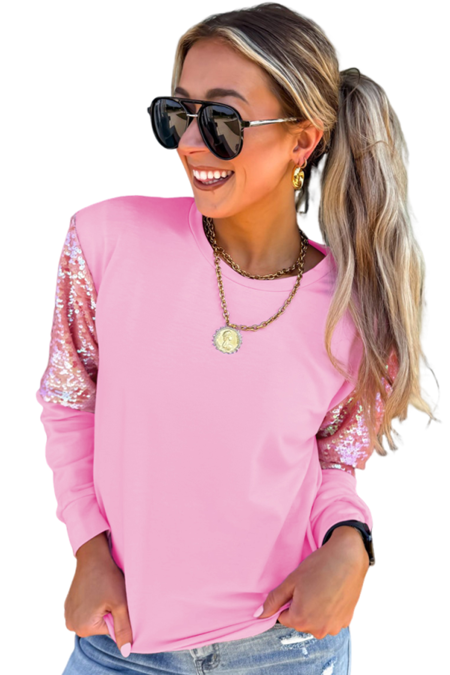 Women's Sequin Sleeve Pullover, Pink Round Neck Casual Top - Main View Women's Sequin Sleeve Pullover, Pink Round Neck Casual Top - Main View