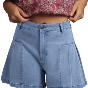 Women's Dusk Blue Pleated Patchwork Wide Leg Lightweight Denim Shorts - Main View