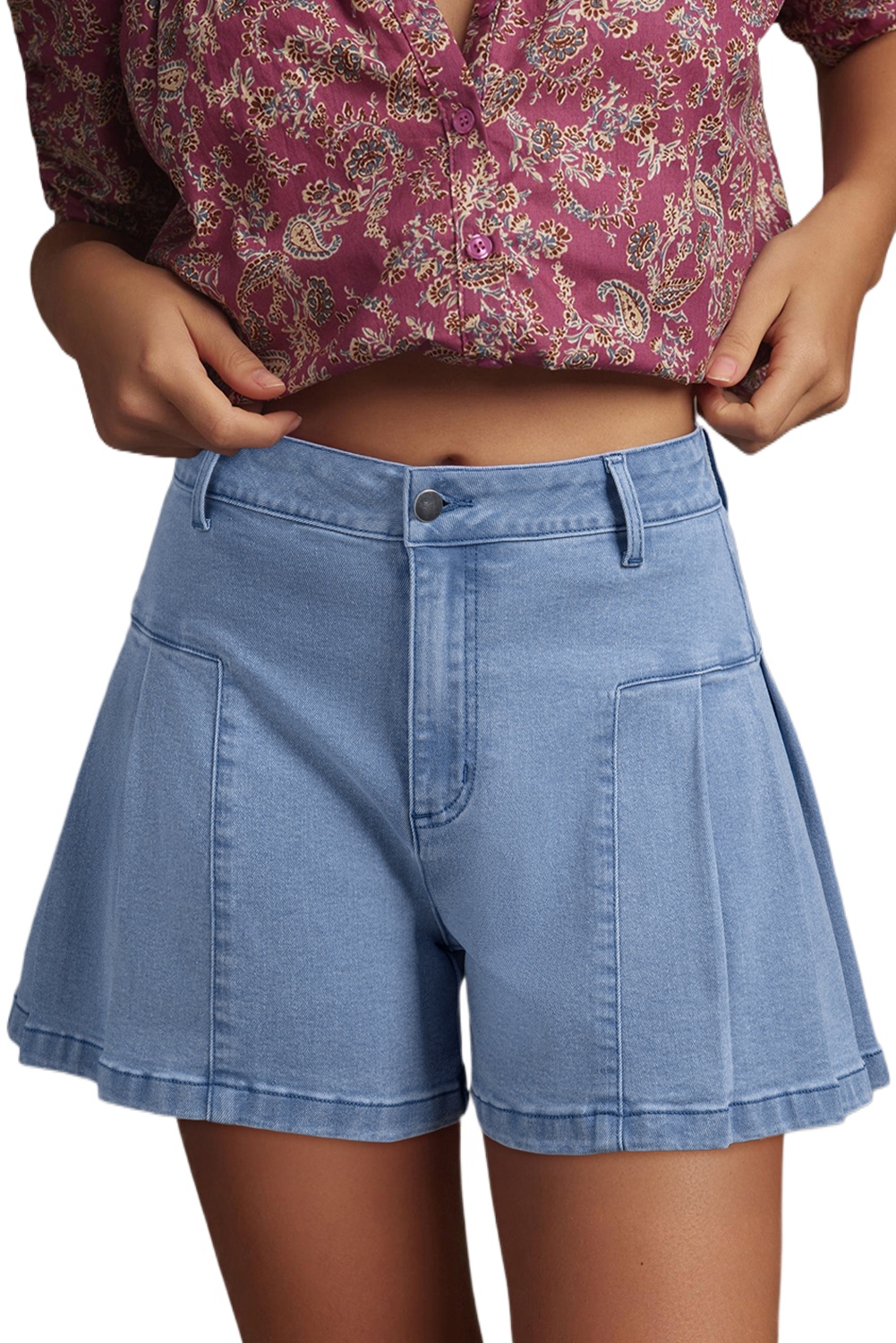 Women's Dusk Blue Pleated Patchwork Wide Leg Lightweight Denim Shorts - Main View Women's Dusk Blue Pleated Patchwork Wide Leg Lightweight Denim Shorts - Main View