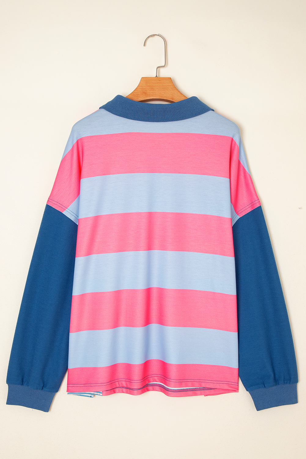 Plus Size Blue Stripe Colorblock Patchwork Zip-Up Pullover for Women - Detail View 5 Plus Size Blue Stripe Colorblock Patchwork Zip-Up Pullover for Women - Detail View 5
