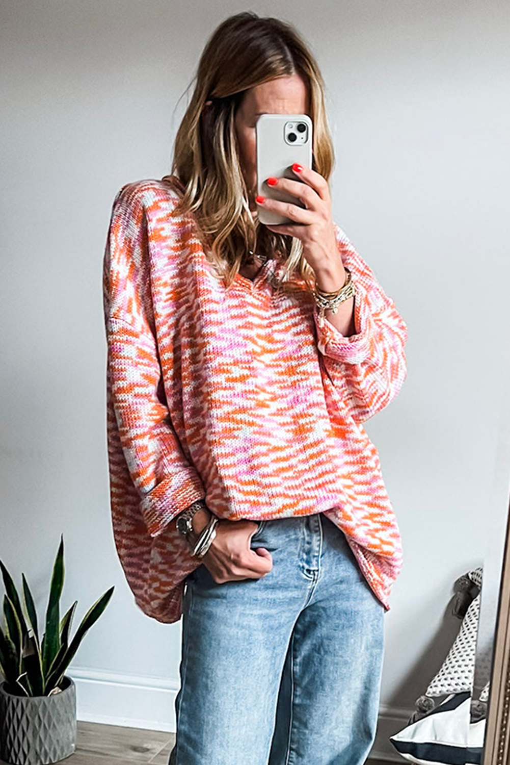 Women's Orange Vibrant Abstract Print Drop Shoulder V Neck Oversized Sweater - Detail View 5 Women's Orange Vibrant Abstract Print Drop Shoulder V Neck Oversized Sweater - Detail View 5