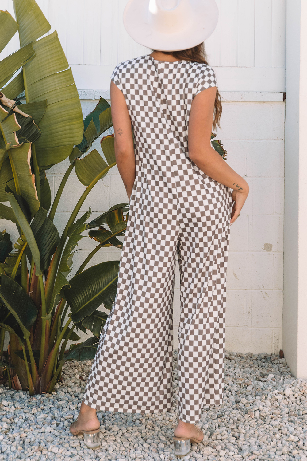 Casual Summer Jumpsuit for Women - Khaki Checkered Pattern with Cap Sleeves - Detail View 2 Casual Summer Jumpsuit for Women - Khaki Checkered Pattern with Cap Sleeves - Detail View 2