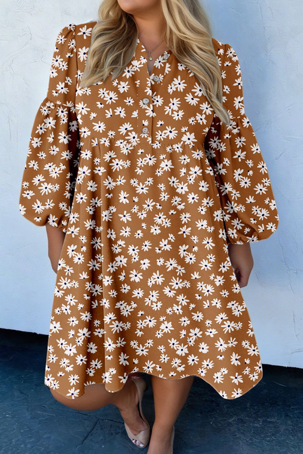 Women's Casual Khaki Plus Size Short Floral Dress for Everyday Southern Style - Detail View 3 Women's Casual Khaki Plus Size Short Floral Dress for Everyday Southern Style - Detail View 3