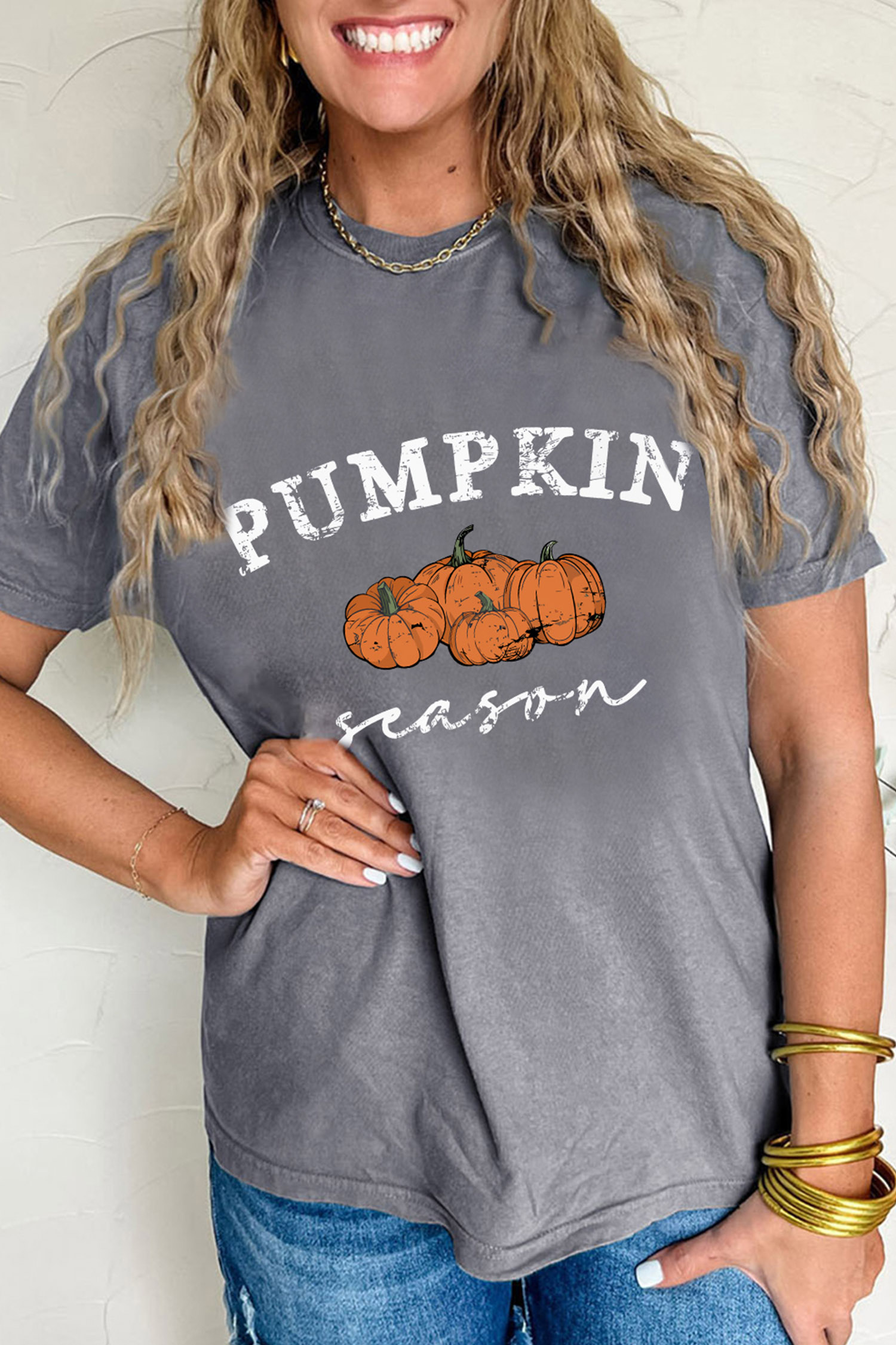 Fall Graphic Collection Round Neck Tee, Gray Women's Shirt - Detail View 2 Fall Graphic Collection Round Neck Tee, Gray Women's Shirt - Detail View 2