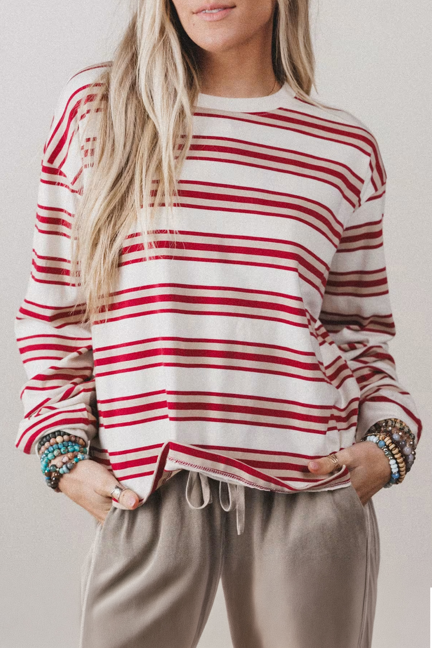 Women's Striped Crew Neck Pullover – Relaxed Daily Fall Top - Detail View 3 Women's Striped Crew Neck Pullover – Relaxed Daily Fall Top - Detail View 3