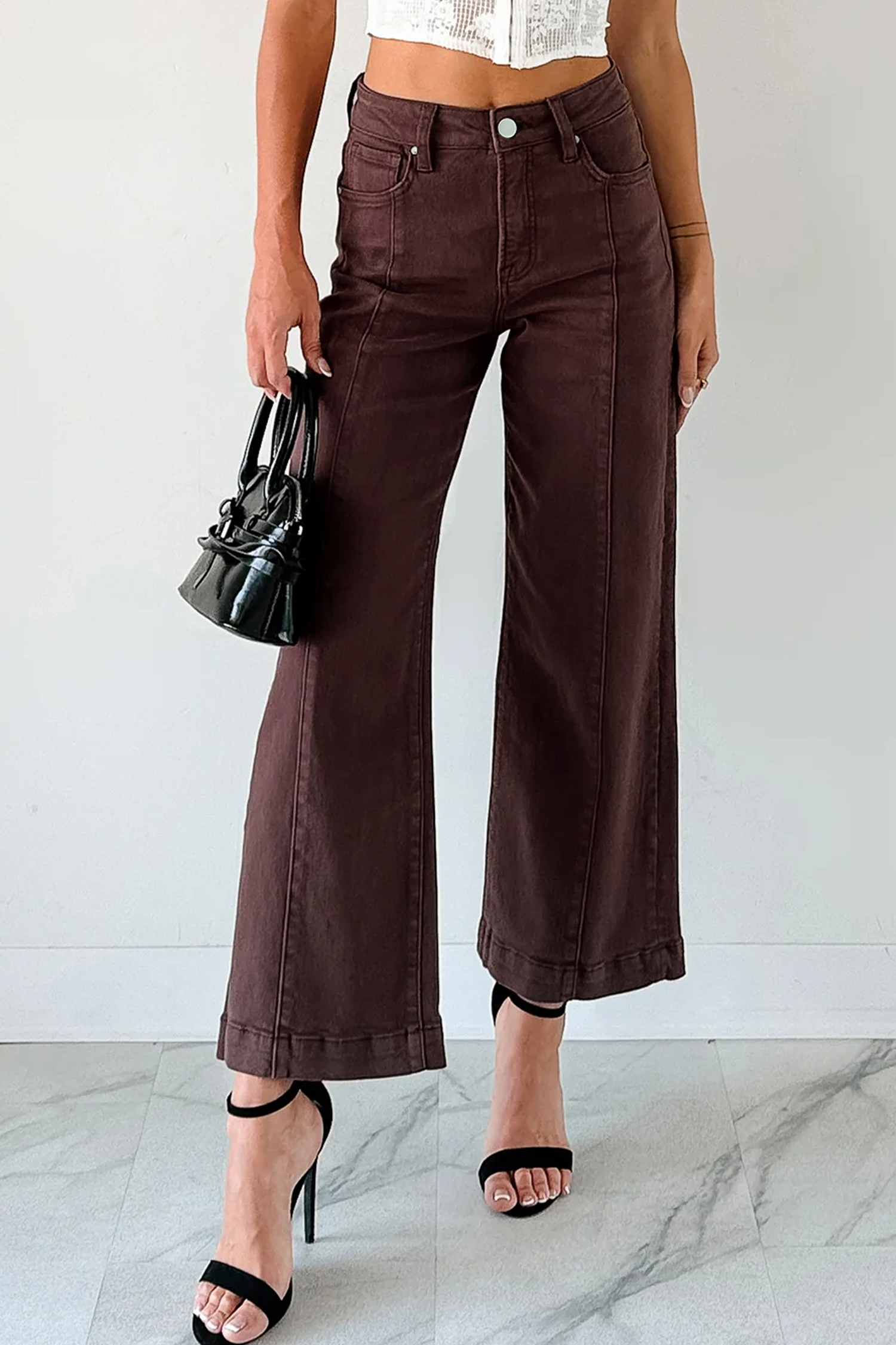 Women's Solid Red Sandalwood Wide Leg Jeans – Fall Ready Cropped Denim for Everyday - Detail View 9 Women's Solid Red Sandalwood Wide Leg Jeans – Fall Ready Cropped Denim for Everyday - Detail View 9