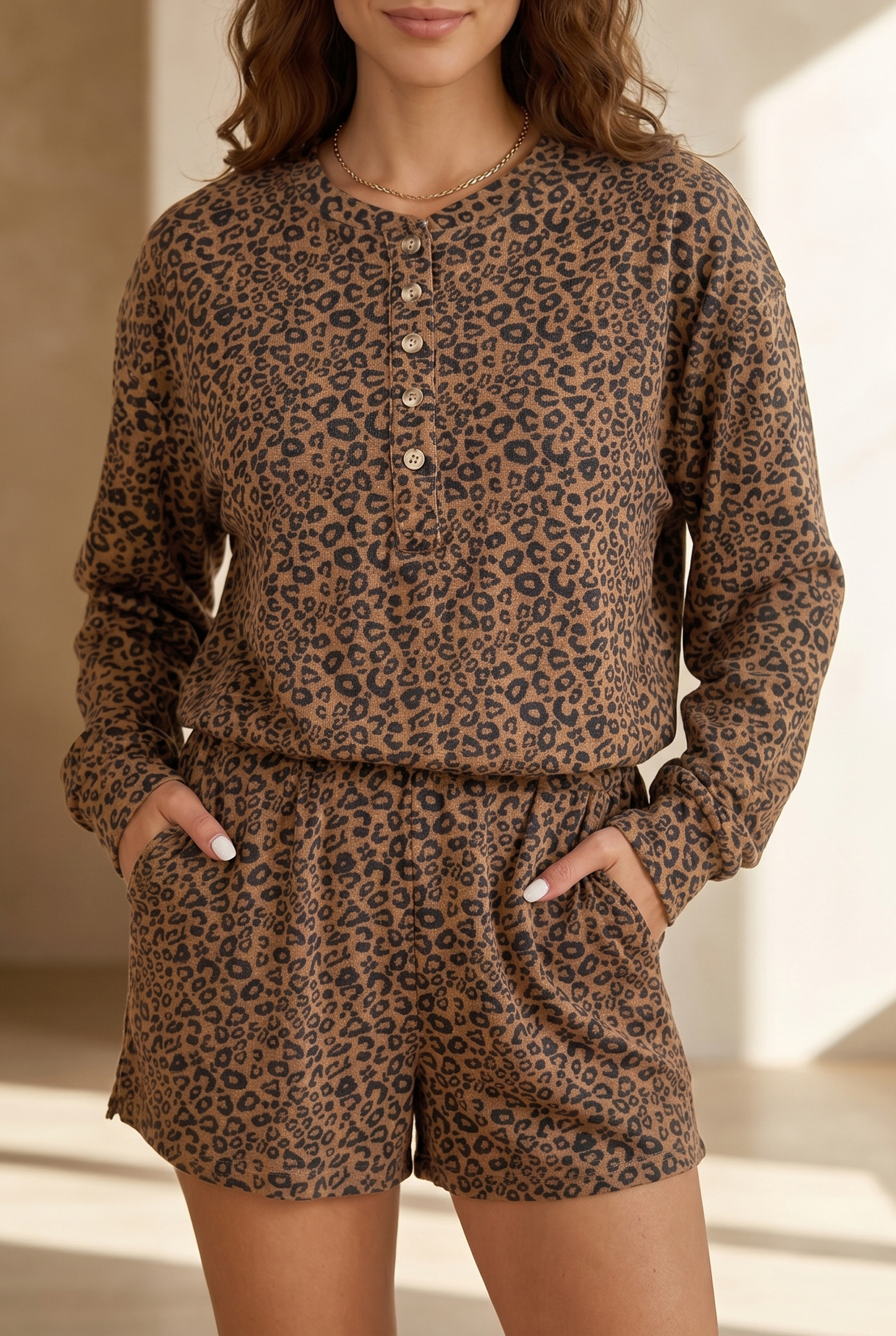 Women's Brown Leopard Short Set, Long Sleeve Casual Apparel - Detail View 6 Women's Brown Leopard Short Set, Long Sleeve Casual Apparel - Detail View 6