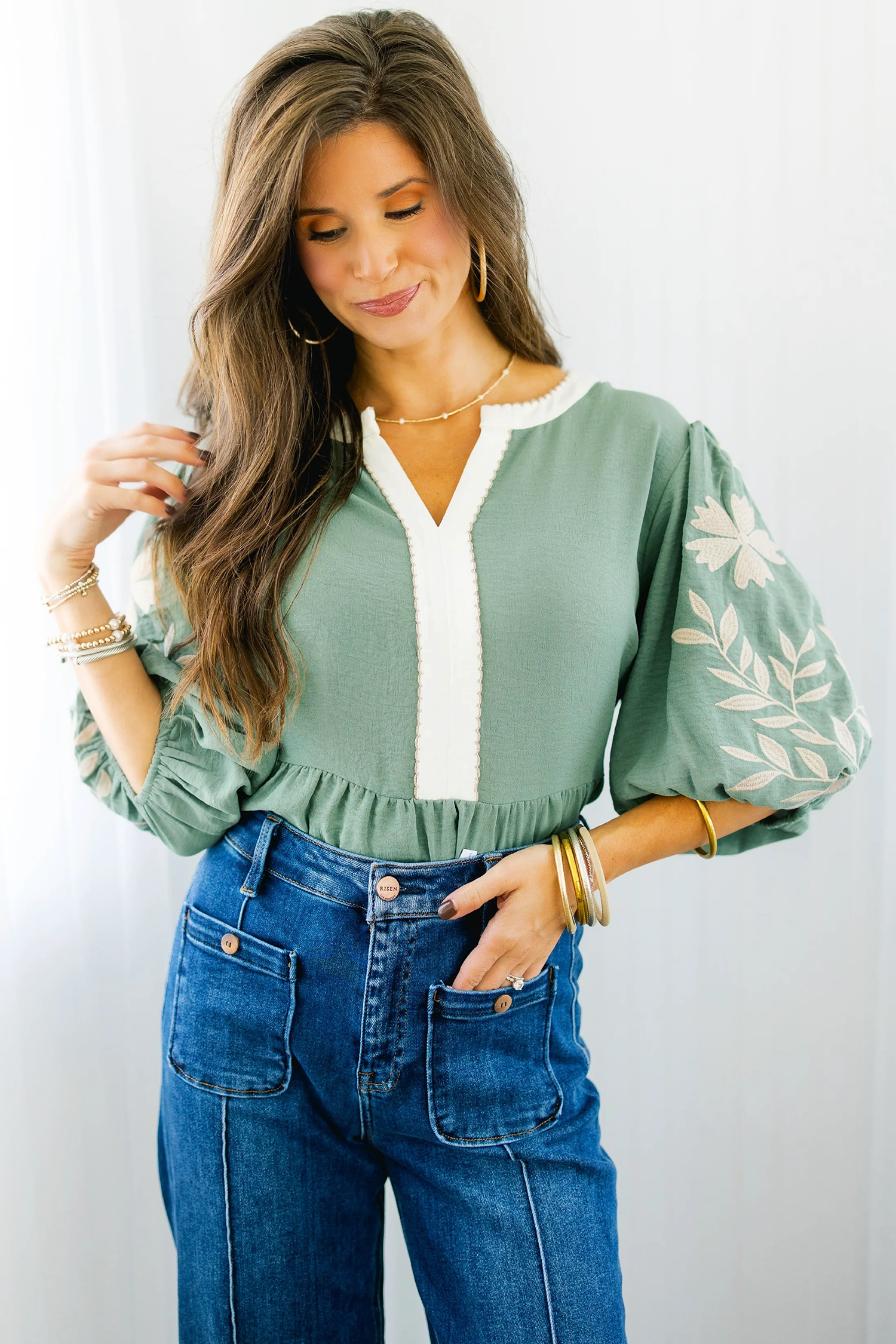 Trendy Women's Smoke Green Color Block Babydoll Blouse – Perfect for Daily Wear - Detail View 3 Trendy Women's Smoke Green Color Block Babydoll Blouse – Perfect for Daily Wear - Detail View 3