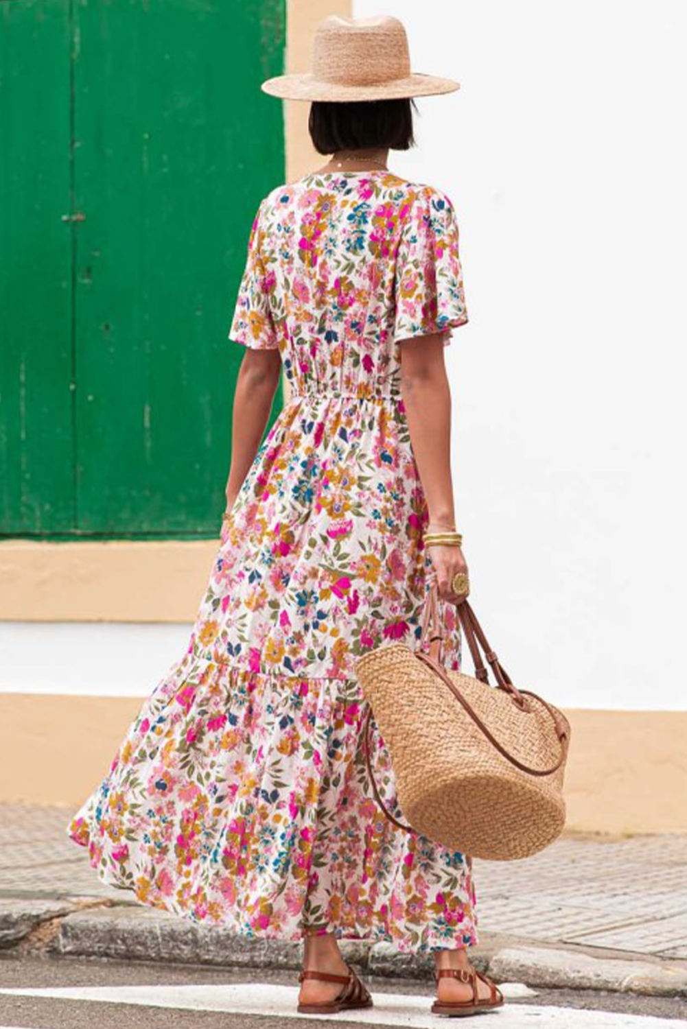 Women's Red Floral Short Sleeve V Neck High Waist Maxi Dress - Elegant and Flattering - Detail View 9 Women's Red Floral Short Sleeve V Neck High Waist Maxi Dress - Elegant and Flattering - Detail View 9