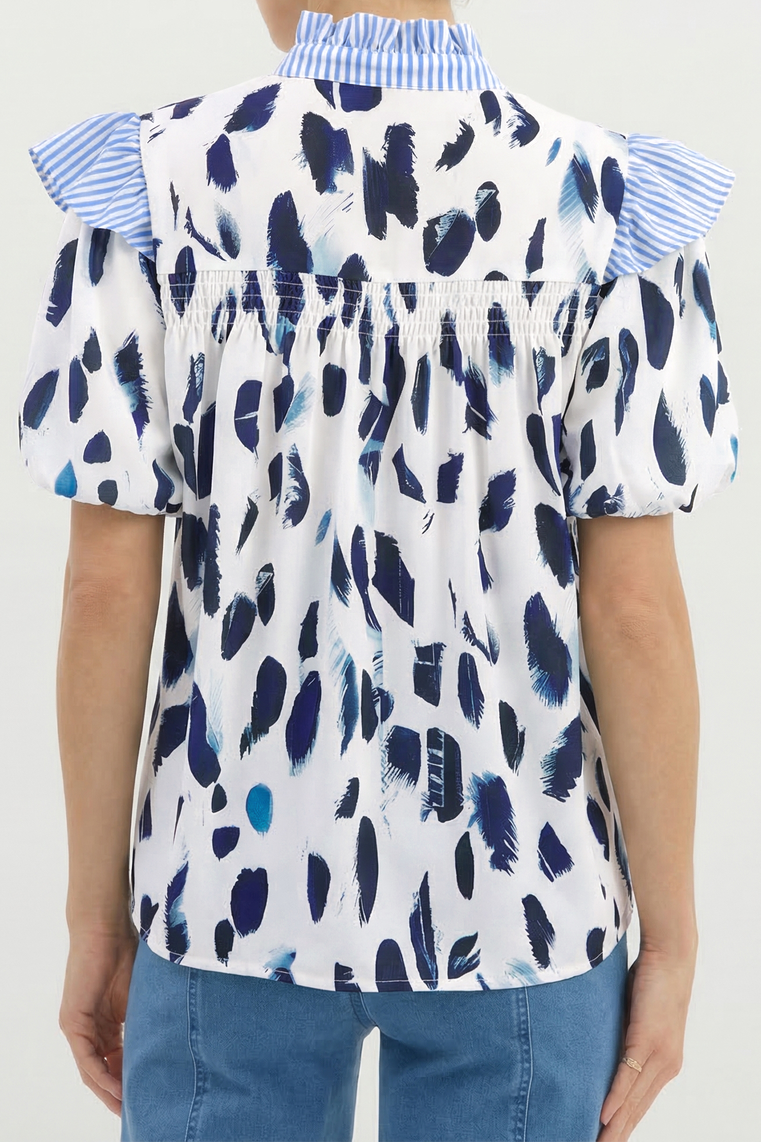 Southern Belle Style Women's V Neck Blouse – Abstract Animal Print with Striped Ruffle Trim - Detail View 2 Southern Belle Style Women's V Neck Blouse – Abstract Animal Print with Striped Ruffle Trim - Detail View 2