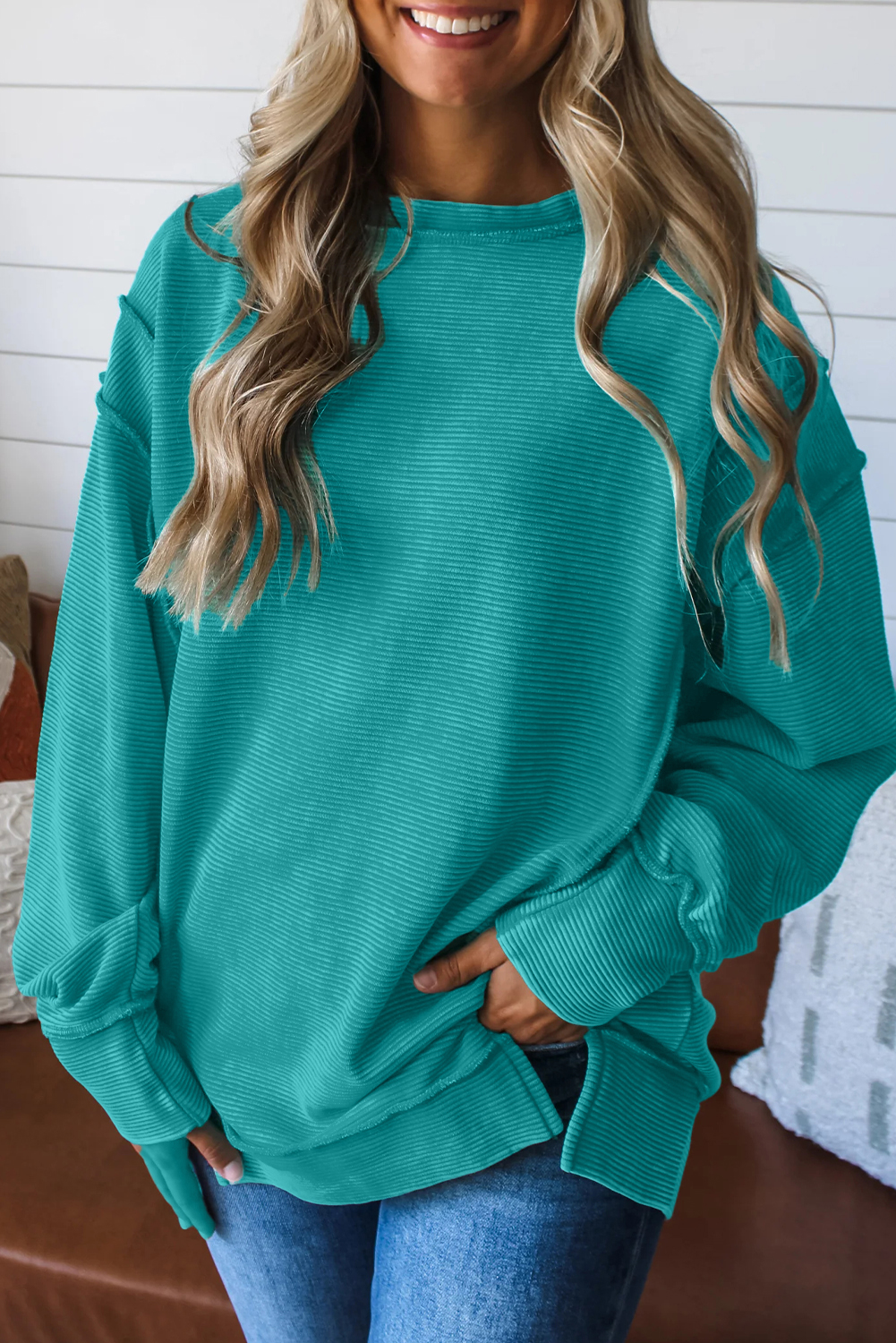 Casual Women's Sea Green Ribbed Drop Shoulder Pullover for Autumn Days - Detail View 7 Casual Women's Sea Green Ribbed Drop Shoulder Pullover for Autumn Days - Detail View 7
