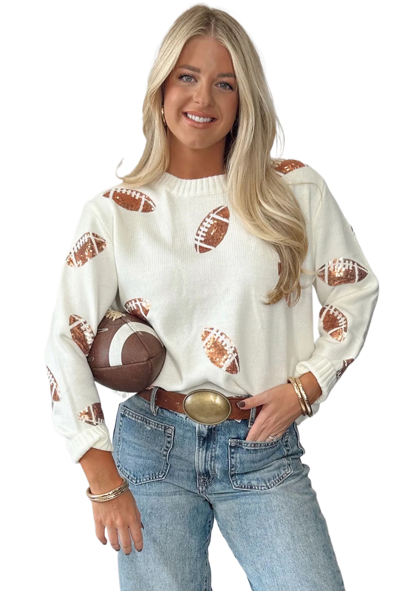 Women's Sequin Football Sweater – Game Day Casual Knit Top - Main View Women's Sequin Football Sweater – Game Day Casual Knit Top - Main View