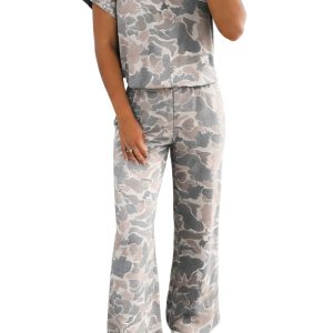Women's Camouflage Print 2-Piece Lounge Set – Short Sleeve Top & High Waist Wide Leg Pants - Main View