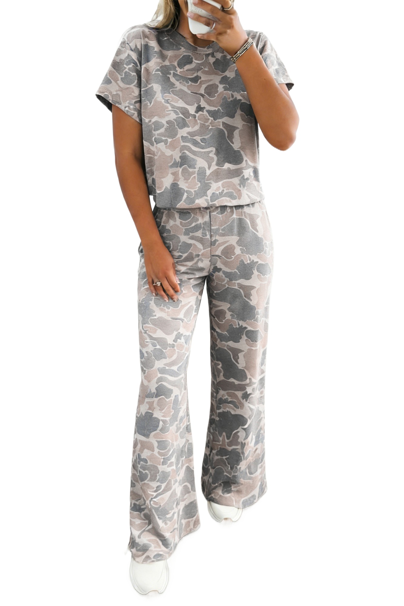 Women's Camouflage Print 2-Piece Lounge Set – Short Sleeve Top & High Waist Wide Leg Pants - Main View Women's Camouflage Print 2-Piece Lounge Set – Short Sleeve Top & High Waist Wide Leg Pants - Main View