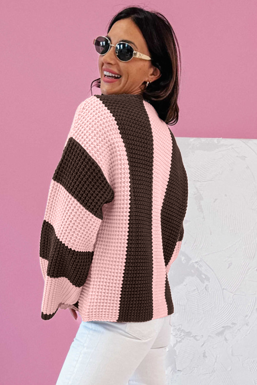 Cozy Drop Shoulder Thermal Knit Sweater for Women – Striped Autumn Style - Detail View 2 Cozy Drop Shoulder Thermal Knit Sweater for Women – Striped Autumn Style - Detail View 2