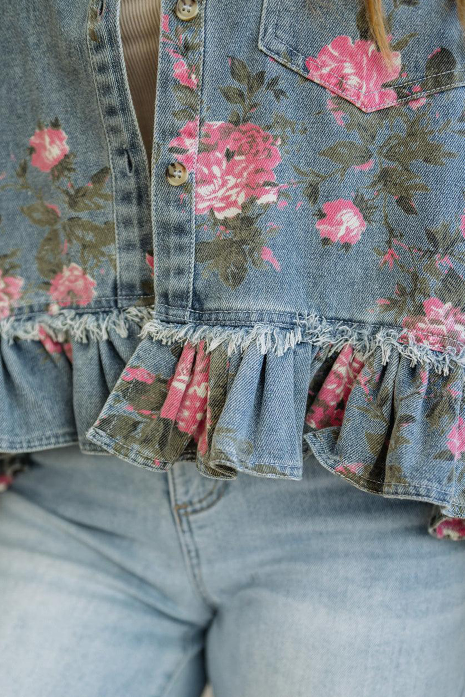 Women's Floral Denim Jacket, Casual Long Sleeve Ruffle Hem - Detail View 10 Women's Floral Denim Jacket, Casual Long Sleeve Ruffle Hem - Detail View 10