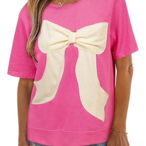 Women's Strawberry Pink Contrasting Color Ribbon Bow Front Loose Tee with Side Slits - Main View