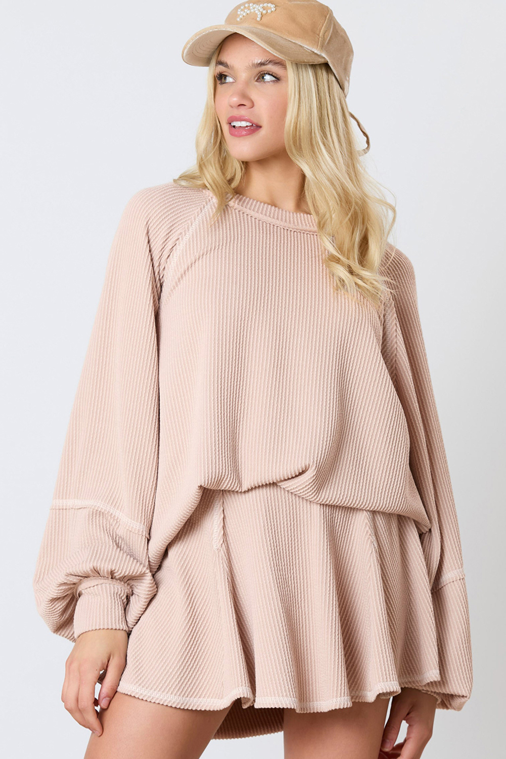 Casual Spring Outfit: High Waist Mini Skirt and Elegant Lantern Sleeve Top Set for Daily Wear - Detail View 3 Casual Spring Outfit: High Waist Mini Skirt and Elegant Lantern Sleeve Top Set for Daily Wear - Detail View 3