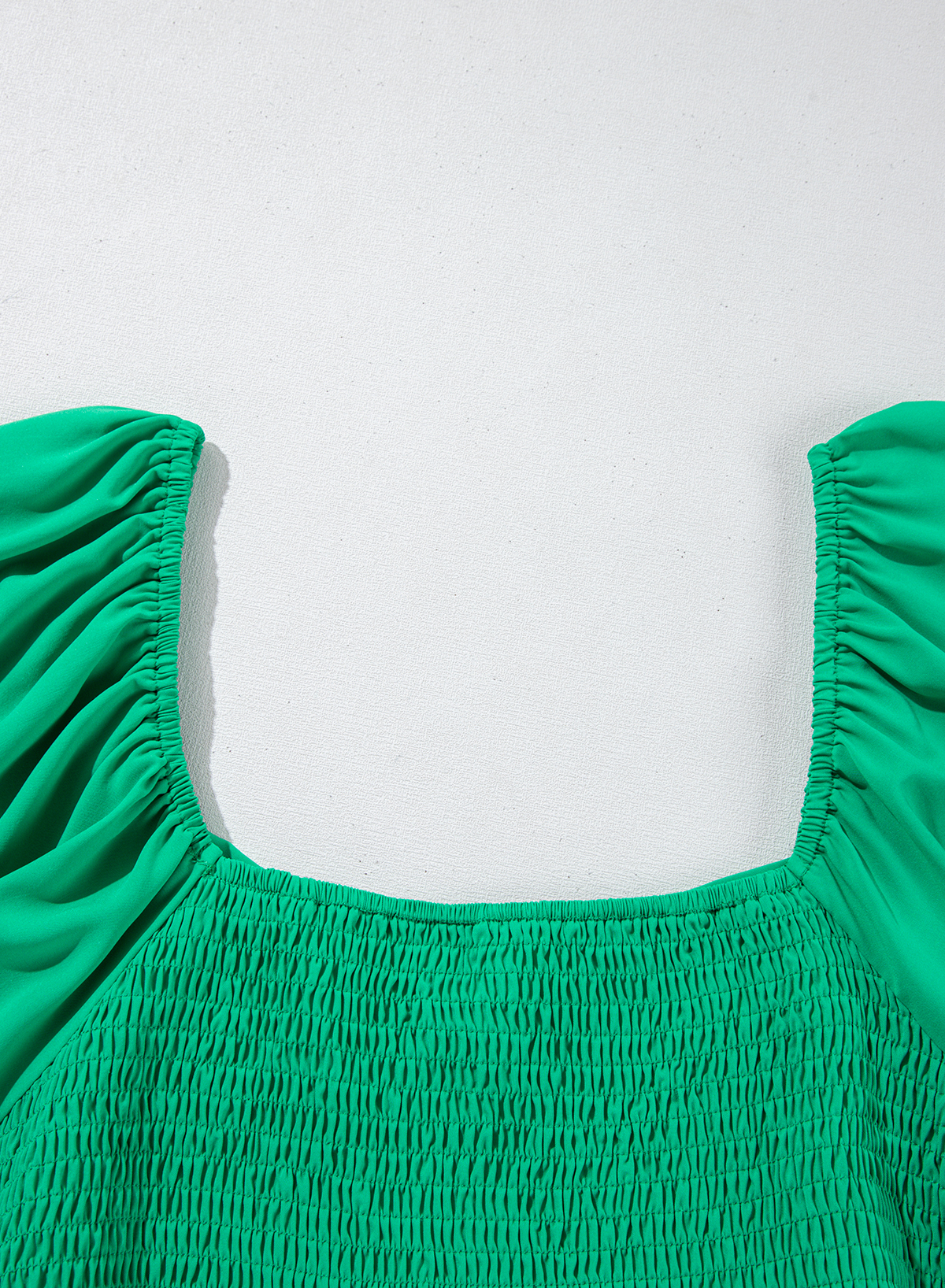 Plus Size Dress, Bright Green, Ruched Front, Puff Sleeve, Long Dress, Elegant, A-Line Silhouette, V Neck, High Waist, Casual Style, Formal Wear, Summer Fashion, Trendy Dress - Detail View 12 Plus Size Dress, Bright Green, Ruched Front, Puff Sleeve, Long Dress, Elegant, A-Line Silhouette, V Neck, High Waist, Casual Style, Formal Wear, Summer Fashion, Trendy Dress - Detail View 12