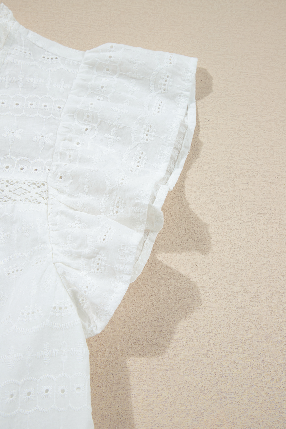 Elegant White Blouse with Flutter Sleeves and Intricate Eyelets - Perfect for Summer - Detail View 14 Elegant White Blouse with Flutter Sleeves and Intricate Eyelets - Perfect for Summer - Detail View 14