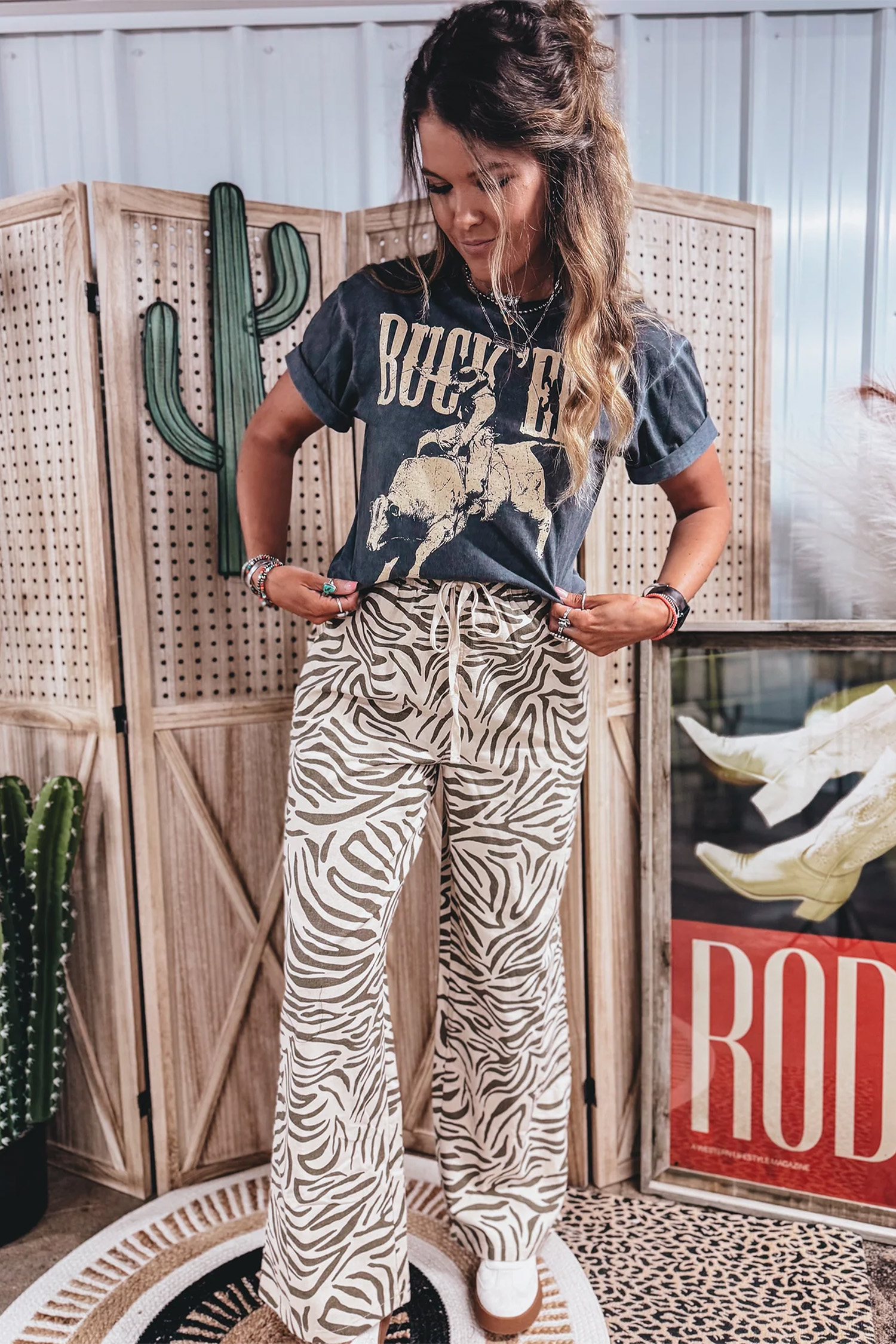 Women's Animal Stripe Trousers, High Waist Western Print - Detail View 8 Women's Animal Stripe Trousers, High Waist Western Print - Detail View 8
