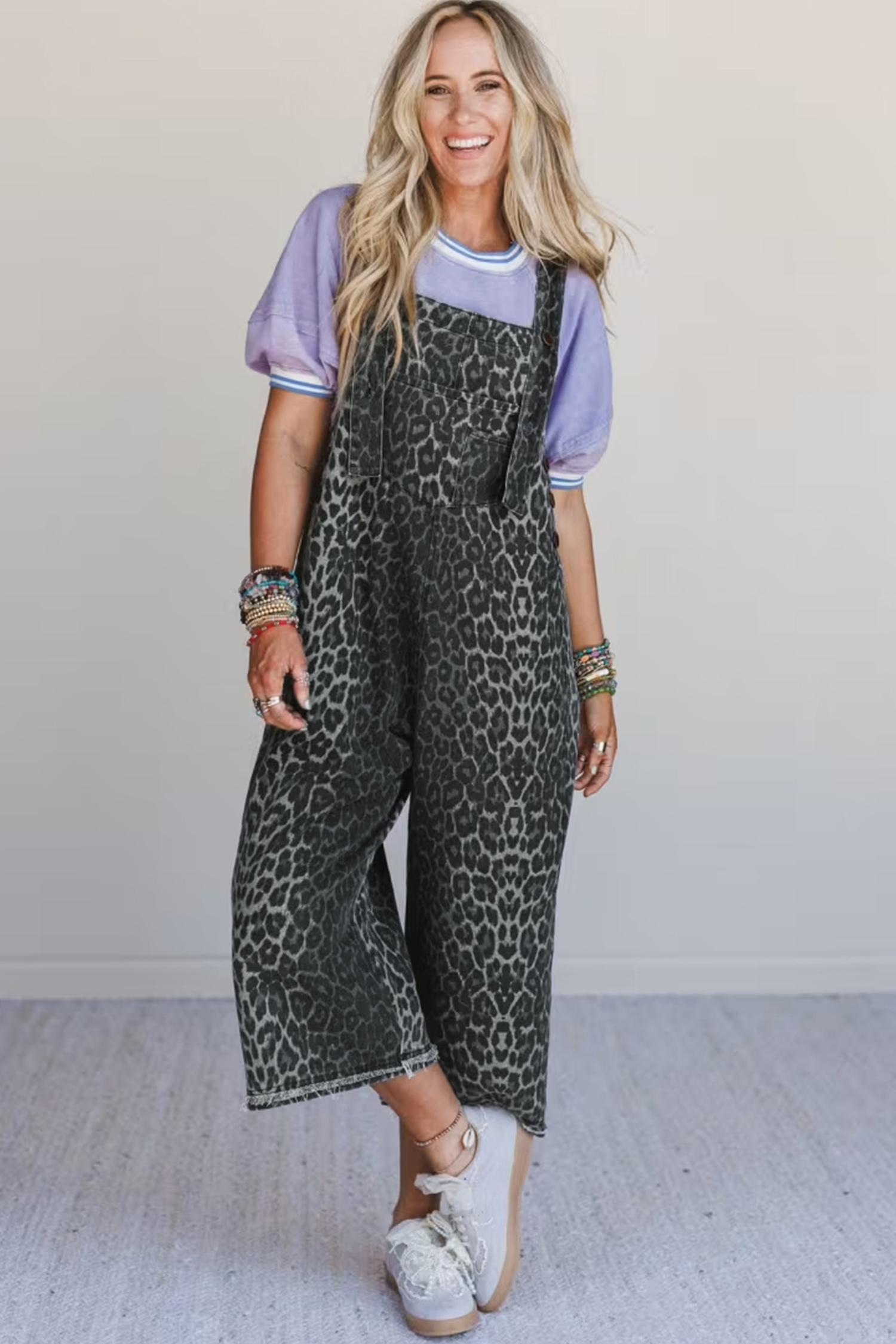 Casual Gray Leopard Print Denim Overalls for Women – Button-Up and Comfortable Fit - Detail View 5 Casual Gray Leopard Print Denim Overalls for Women – Button-Up and Comfortable Fit - Detail View 5