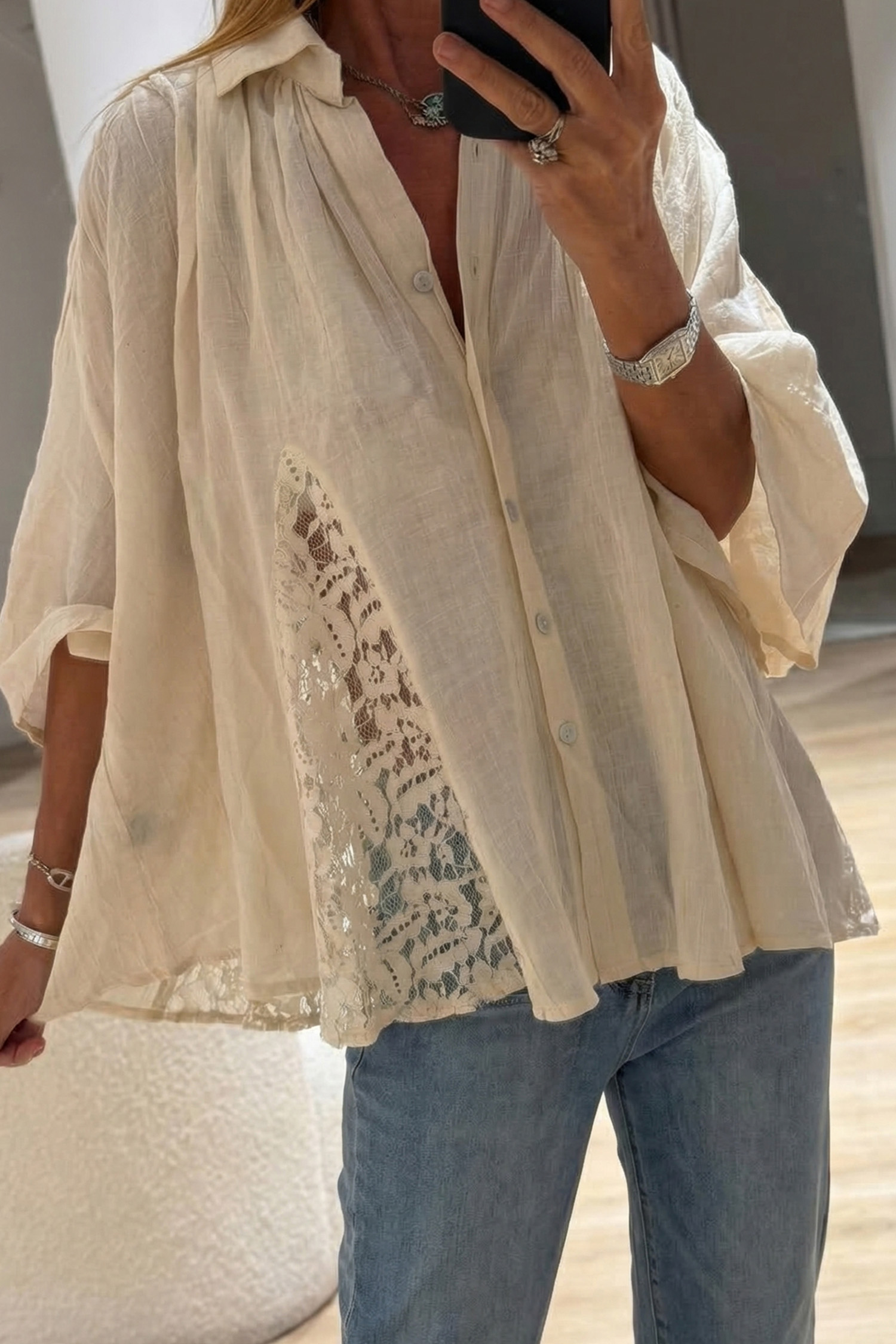 Casual Oatmeal Button Down, Women's Bohemian Lace Detail Top - Detail View 6 Casual Oatmeal Button Down, Women's Bohemian Lace Detail Top - Detail View 6