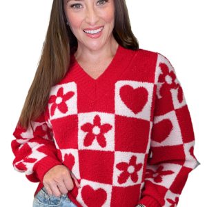 Women's Fiery Red V-Neck Checkered Knit Sweater with Heart Details - Main View