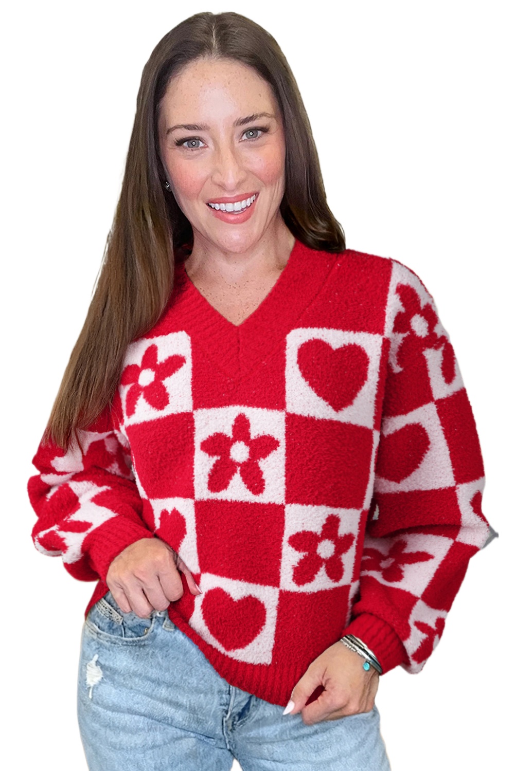 Women's Fiery Red V-Neck Checkered Knit Sweater with Heart Details - Main View Women's Fiery Red V-Neck Checkered Knit Sweater with Heart Details - Main View