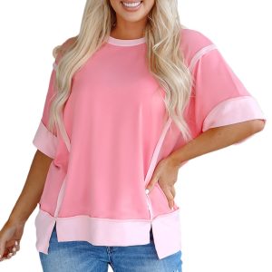 Women's Peach Blossom Half Sleeve Top with Raw Seam and High Low Side Split - Main View
