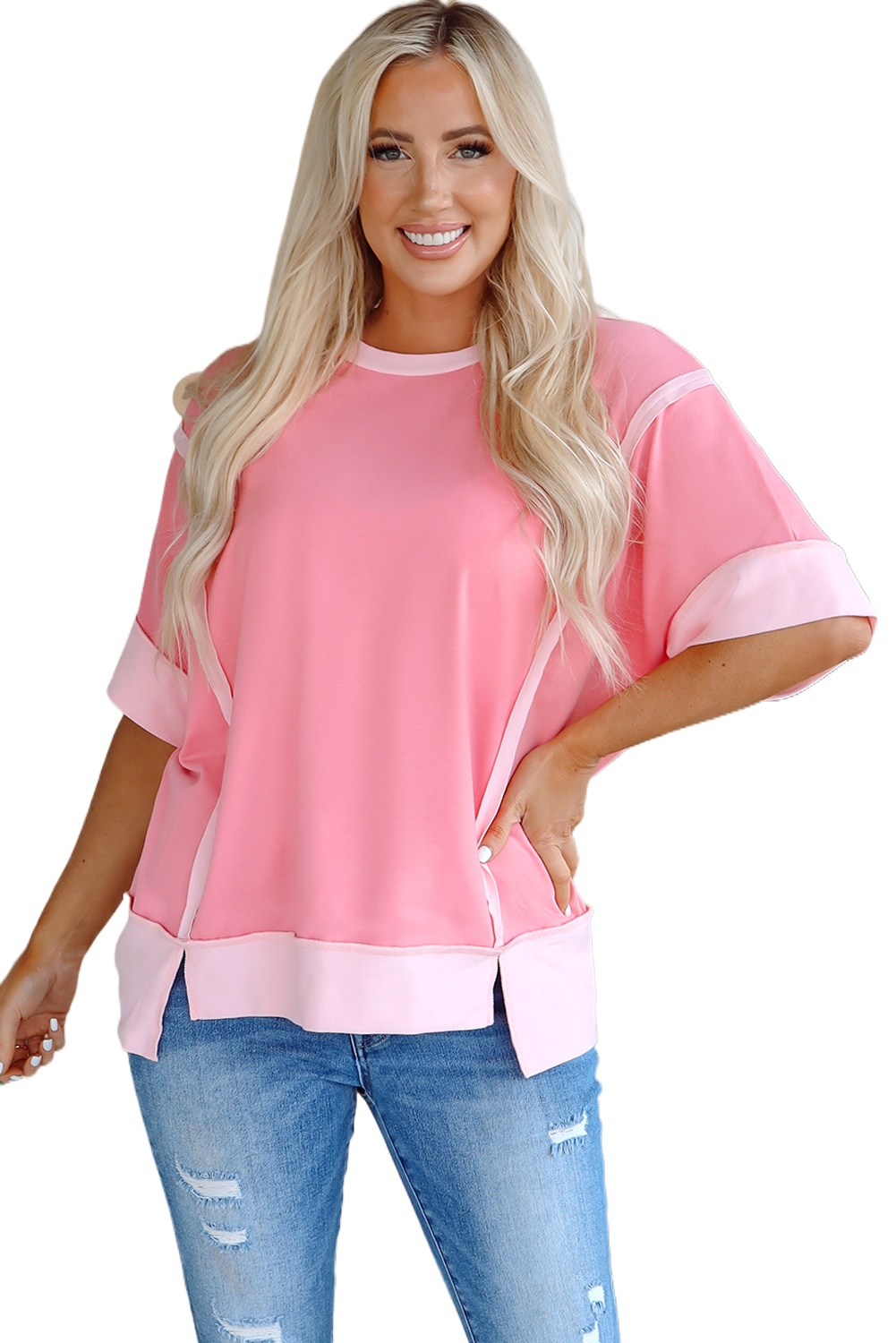 Women's Peach Blossom Half Sleeve Top with Raw Seam and High Low Side Split - Main View Women's Peach Blossom Half Sleeve Top with Raw Seam and High Low Side Split - Main View