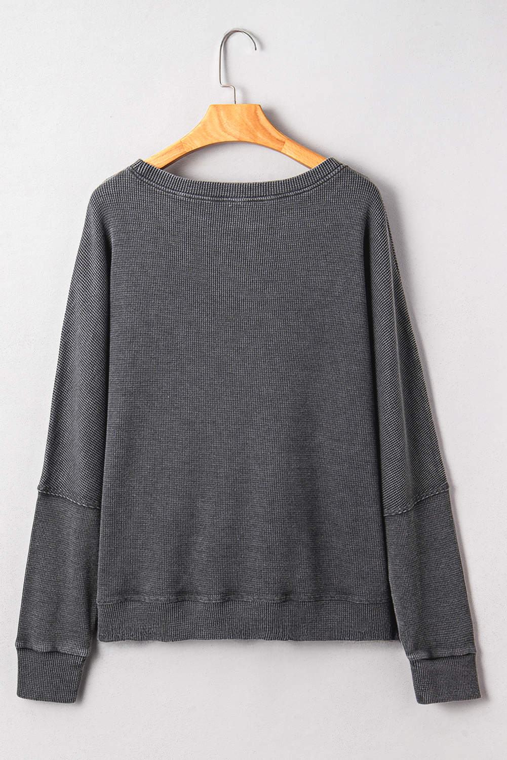 Women's Dark Grey Waffle Knit Long Sleeve Top – Casual Everyday Essential for Autumn - Detail View 7 Women's Dark Grey Waffle Knit Long Sleeve Top – Casual Everyday Essential for Autumn - Detail View 7