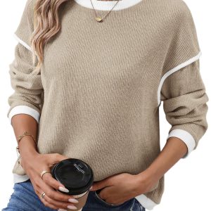 Chic Beige Contrast Color Trim Knit Drop Shoulder Loose Top for Women - Main View