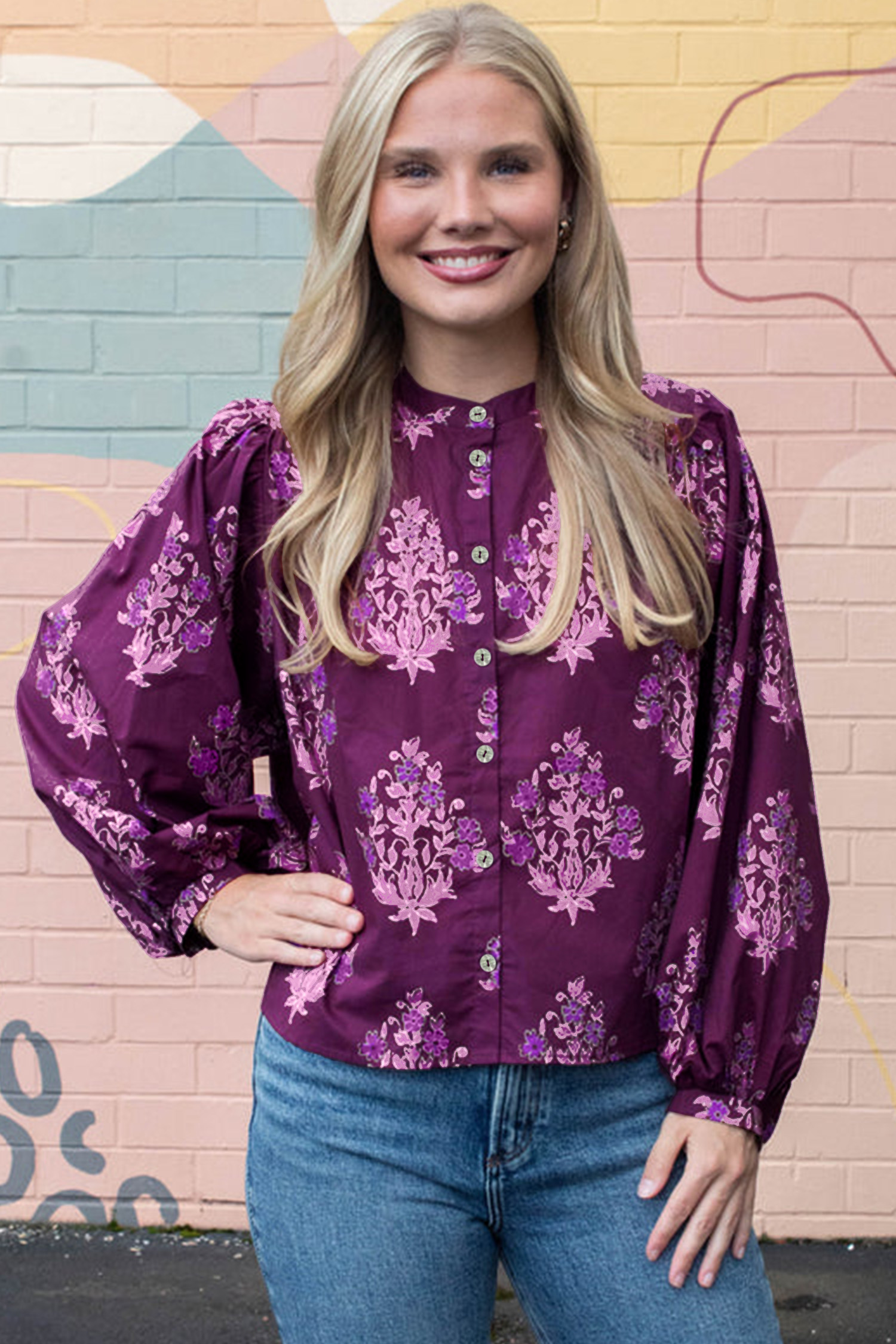 Women's Purple Floral Puff Sleeve Button Down Shirt – Casual - Detail View 7 Women's Purple Floral Puff Sleeve Button Down Shirt – Casual - Detail View 7