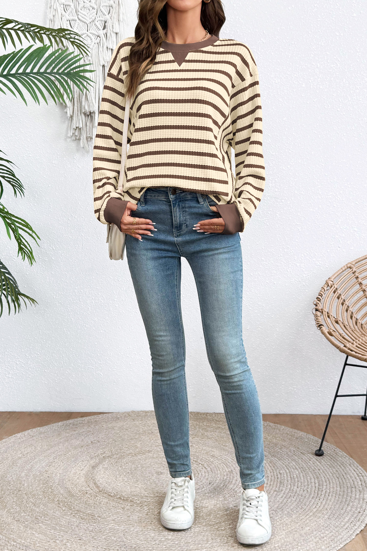 Women's Casual Pullover, Striped Waffle Knit Long Sleeve - Detail View 6 Women's Casual Pullover, Striped Waffle Knit Long Sleeve - Detail View 6