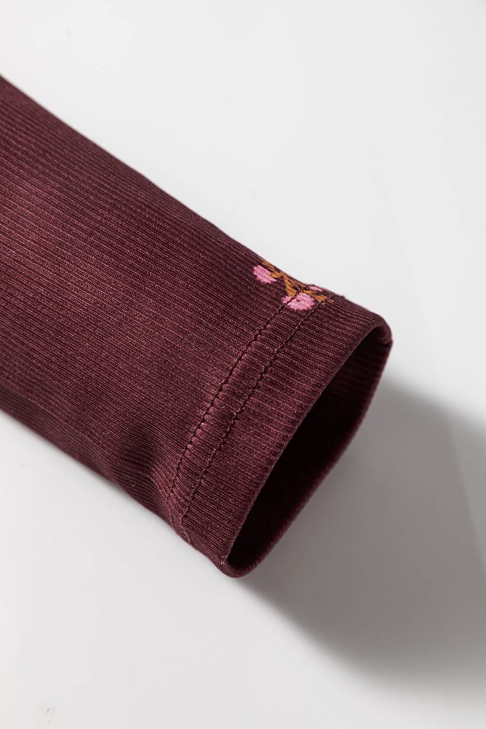 Women's Burgundy Floral Print Ribbed Long Sleeve Top with Notched Neck - Detail View 9 Women's Burgundy Floral Print Ribbed Long Sleeve Top with Notched Neck - Detail View 9