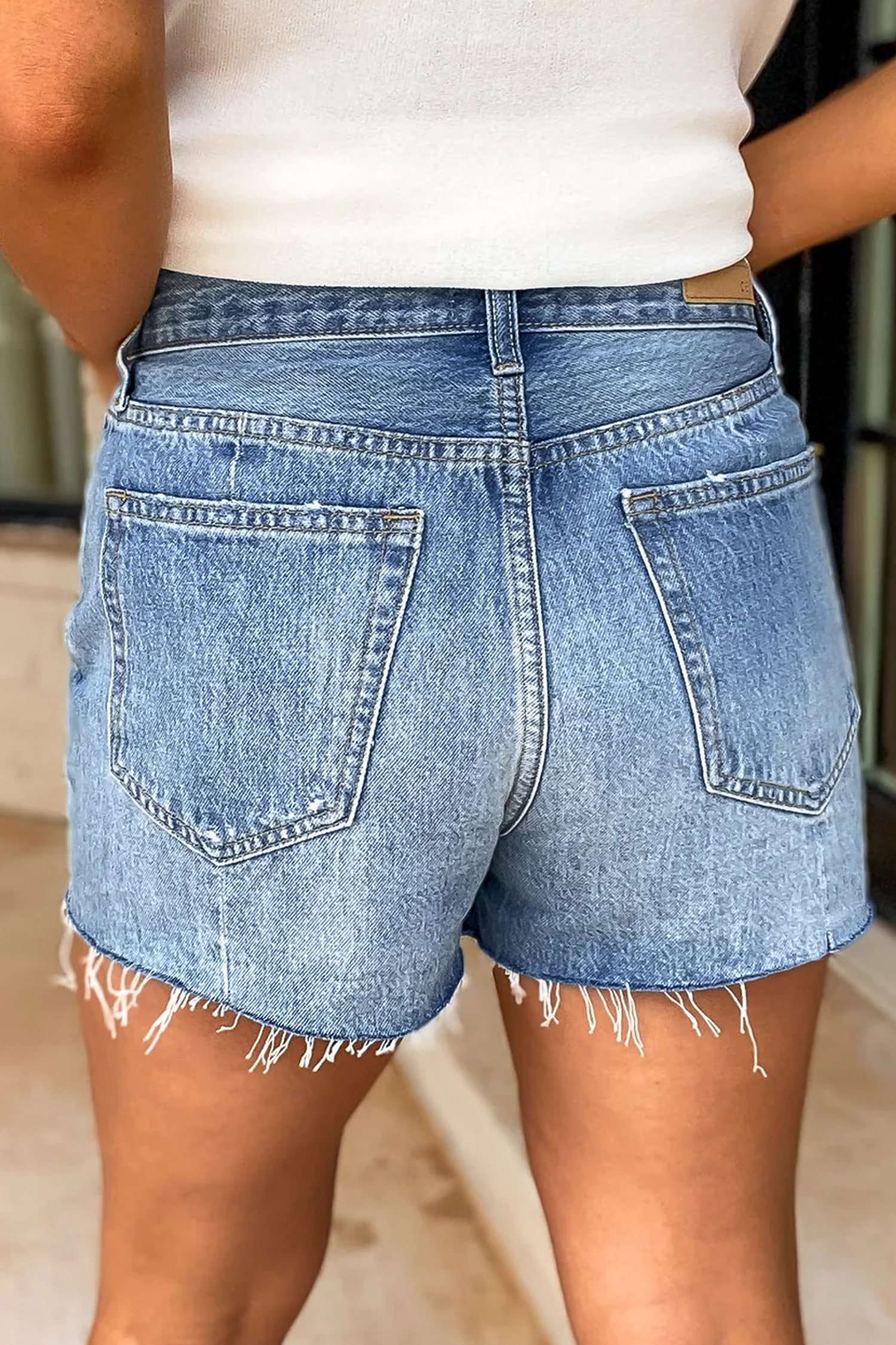 Women's Acid Wash Denim Shorts with Raw Hem – High Waisted Casual Jean Shorts for Daily Summer Style - Detail View 2 Women's Acid Wash Denim Shorts with Raw Hem – High Waisted Casual Jean Shorts for Daily Summer Style - Detail View 2