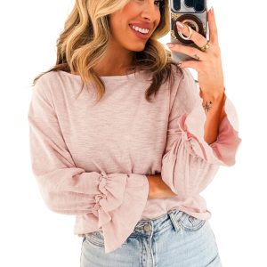 Women's Pink Ruffle Cuff Long Sleeve Top – Casual Round Neck - Main View