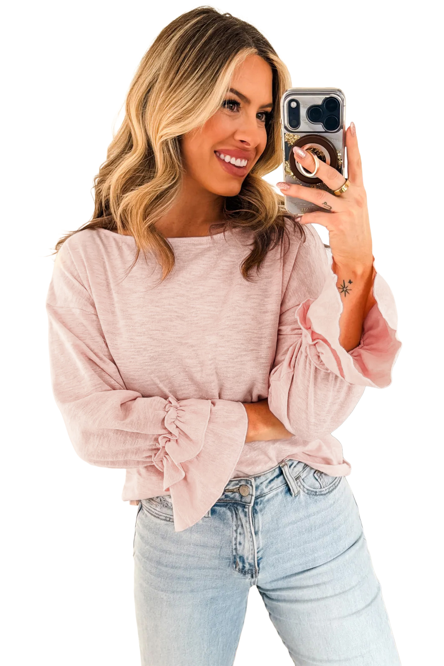 Women's Pink Ruffle Cuff Long Sleeve Top – Casual Round Neck - Main View Women's Pink Ruffle Cuff Long Sleeve Top – Casual Round Neck - Main View