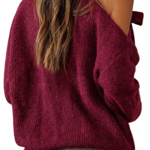Women's Burgundy Lace Bowknot Asymmetric Neck Sweater – Elegant Fall Fashion for Night Out - Main View