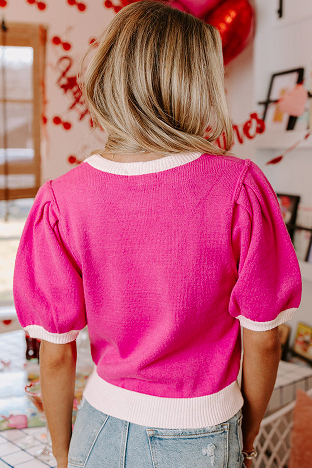 Casual Bright Pink Embroidered XOXO Short Sleeve Tee for Women - Detail View 3 Casual Bright Pink Embroidered XOXO Short Sleeve Tee for Women - Detail View 3
