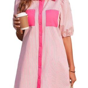 Women's Rose Stripe Color Block Mini Dress – Casual Puff Sleeve V Neck for Summer Outings - Main View