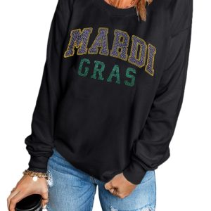 Women's Black Rhinestone Mardi Gras Letter Graphic Drop Shoulder Sweatshirt - Main View