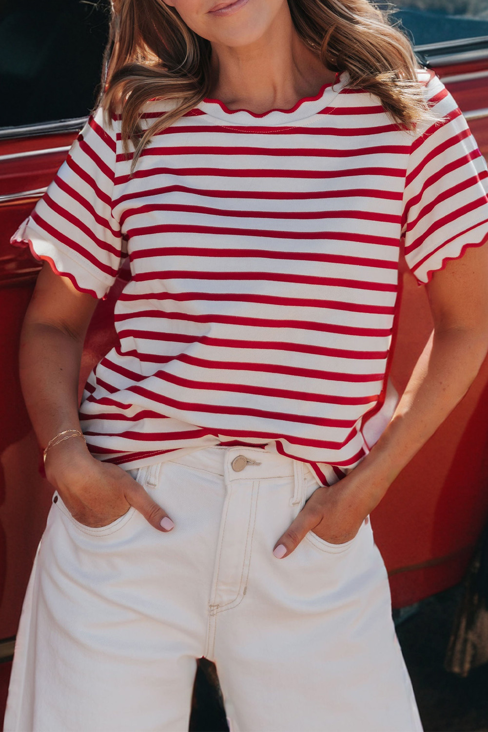 Trendy Red Stripe Scalloped Trim Round Neck T-Shirt for Women – Ideal for Everyday Style - Detail View 2 Trendy Red Stripe Scalloped Trim Round Neck T-Shirt for Women – Ideal for Everyday Style - Detail View 2